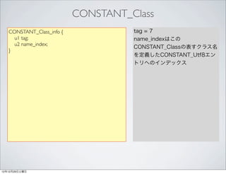 CONSTANT_Class
   CONSTANT_Class_info {             tag = 7
     u1 tag;                         name_indexはこの
     u2 name_index;
                                     CONSTANT_Classの表すクラス名
   }
                                     を定義したCONSTANT_Utf8エン
                                     トリへのインデックス




12年12月29日土曜日
 
