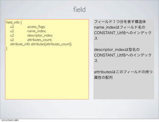 ﬁeld
   ﬁeld_info {                                              フィールド１つ分を表す構造体
      u2          access_ﬂags;                              name_indexはフィールド名の
      u2          name_index;
                                                            CONSTANT_Utf8へのインデック
      u2          descriptor_index;
      u2          attributes_count;                         ス
      attribute_info attributes[attributes_count];
   }                                                        descriptor_indexは型名の
                                                            CONSTANT_Utf8へのインデック
                                                            ス


                                                            attributesはこのフィールドの持つ
                                                            属性の配列




12年12月29日土曜日
 