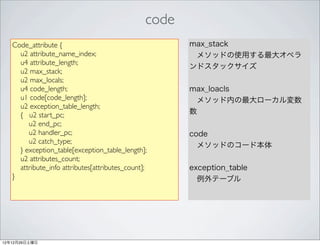 code
   Code_attribute {                                    max_stack
     u2 attribute_name_index;                           メソッドの使用する最大オペラ
     u4 attribute_length;
                                                       ンドスタックサイズ
     u2 max_stack;
     u2 max_locals;
     u4 code_length;                                   max_loacls
     u1 code[code_length];                              メソッド内の最大ローカル変数
     u2 exception_table_length;
     { u2 start_pc;                                    数
        u2 end_pc;
        u2 handler_pc;                                 code
        u2 catch_type;
                                                        メソッドのコード本体
     } exception_table[exception_table_length];
     u2 attributes_count;
     attribute_info attributes[attributes_count];      exception_table
   }                                                    例外テーブル




12年12月29日土曜日
 