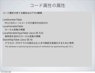 コード属性の属性
  コード属性の持てる属性は以下の4種類


  LineNumberTable
   PCと元のソースコードの行番号の対応付け
  LocalVariableTable
   ローカル変数の情報
  LocalVariableTypeTable (Java SE 5.0)
   総称型を含めたローカル変数の情報
  StackMapTable (Java SE 6)
   クラスローダがクラスを読み込むときの検証を高速化するために使用
   This attribute is used during the process of veriﬁcation by typechecking ( 4.10.1).




12年12月29日土曜日
 