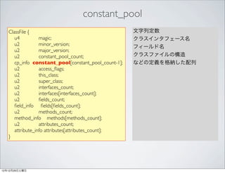 constant_pool
   ClassFile {                                        文字列定数
      u4          magic;                              クラスインタフェース名
      u2          minor_version;                      フィールド名
      u2          major_version;
      u2          constant_pool_count;                クラスファイルの構造
      cp_info constant_pool[constant_pool_count-1];   などの定義を格納した配列
      u2          access_ﬂags;
      u2          this_class;
      u2          super_class;
      u2          interfaces_count;
      u2          interfaces[interfaces_count];
      u2          ﬁelds_count;
      ﬁeld_info ﬁelds[ﬁelds_count];
      u2          methods_count;
      method_info methods[methods_count];
      u2          attributes_count;
      attribute_info attributes[attributes_count];
   }




12年12月29日土曜日
 