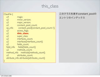 this_class
   ClassFile {                                              このクラスを表すconstant_poolの
      u4          magic;                                    エントリのインデックス
      u2          minor_version;
      u2          major_version;
      u2          constant_pool_count;
      cp_info       constant_pool[constant_pool_count-1];
      u2          access_ﬂags;
      u2          this_class;
      u2          super_class;
      u2          interfaces_count;
      u2          interfaces[interfaces_count];
      u2          ﬁelds_count;
      ﬁeld_info ﬁelds[ﬁelds_count];
      u2          methods_count;
      method_info methods[methods_count];
      u2          attributes_count;
      attribute_info attributes[attributes_count];
   }




12年12月29日土曜日
 