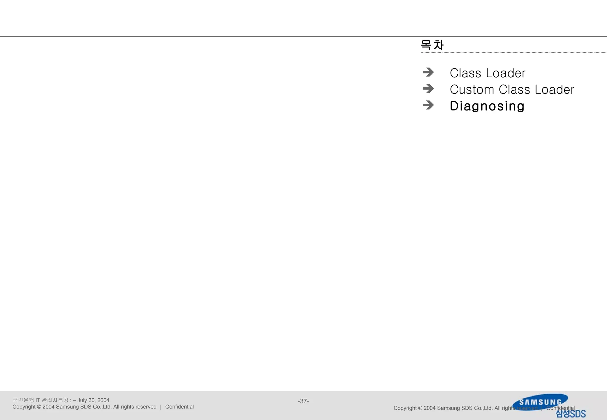 Copyright © 2004 Samsung SDS Co.,Ltd. All rights reserved  |  Confidential 목차 Class Loader Custom Class Loader Diagnosing 