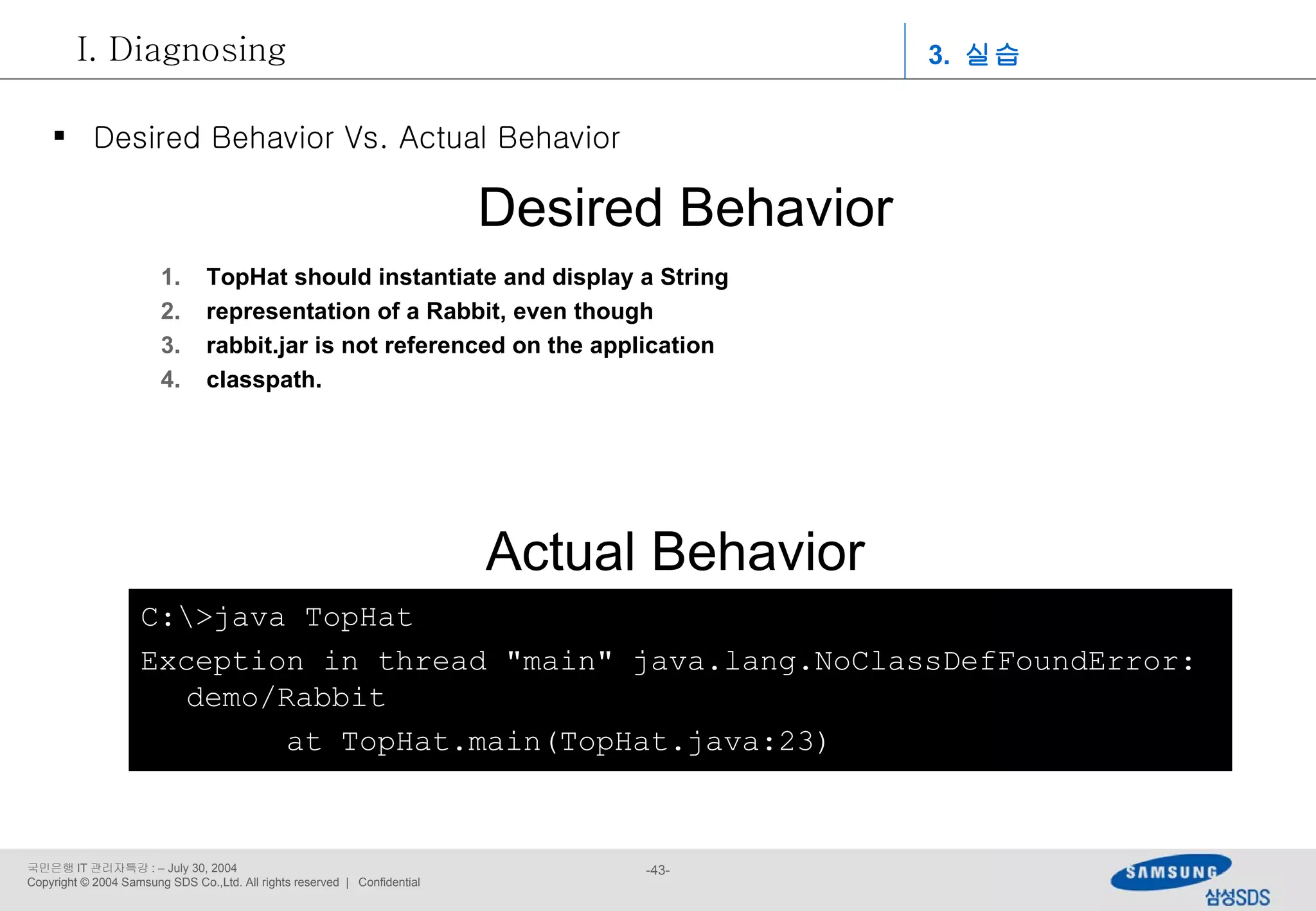 TopHat should instantiate and display a String  representation of a Rabbit, even though rabbit.jar is not referenced on the application classpath. Actual Behavior C:\>java TopHat Exception in thread &quot;main&quot; java.lang.NoClassDefFoundError: demo/Rabbit at TopHat.main(TopHat.java:23) Desired Behavior Desired Behavior Vs. Actual Behavior 3.  실습 Diagnosing 