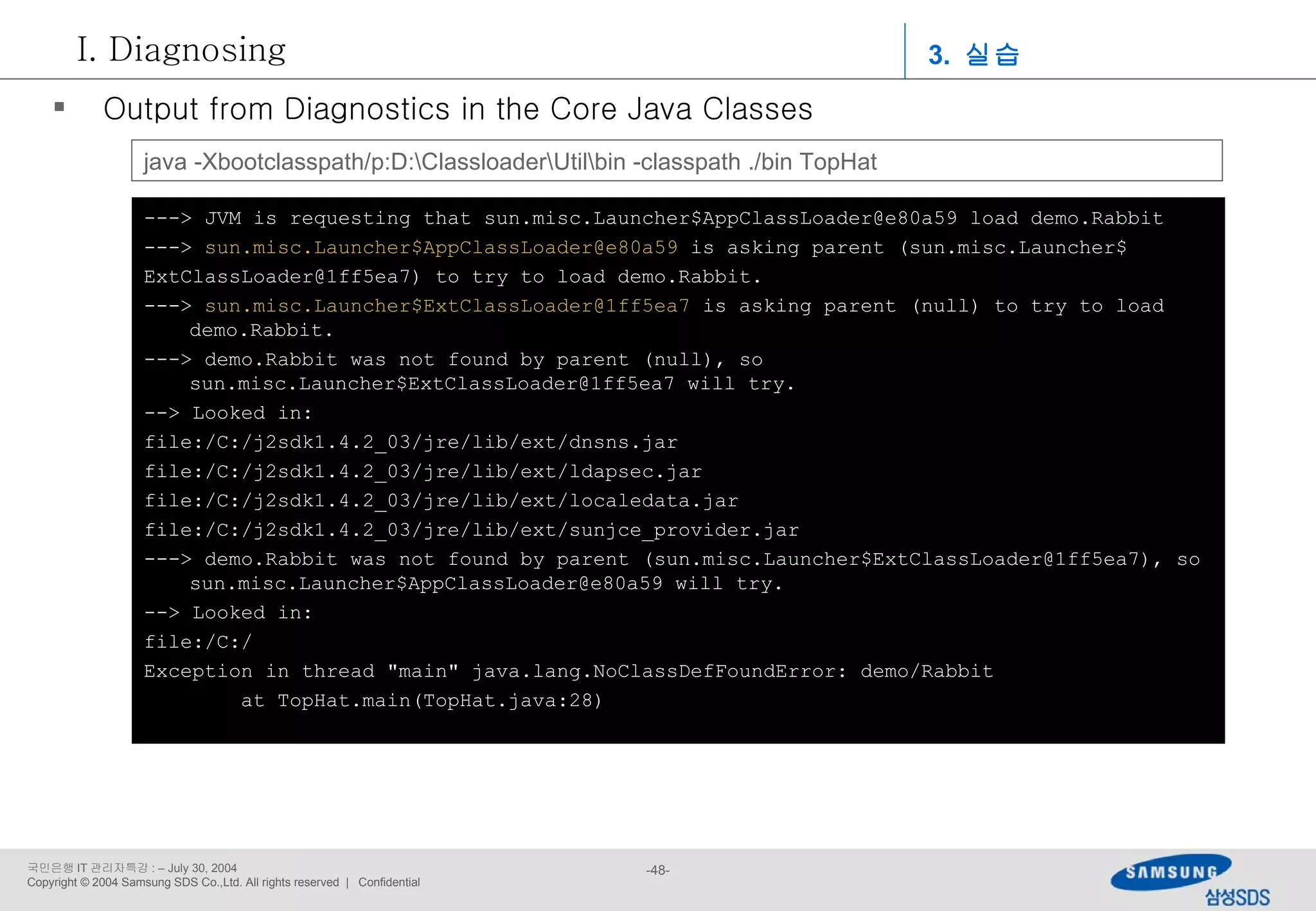 ---> JVM is requesting that sun.misc.Launcher$AppClassLoader@e80a59 load demo.Rabbit --->  sun.misc.Launcher$AppClassLoader@e80a59  is asking parent (sun.misc.Launcher$ ExtClassLoader@1ff5ea7) to try to load demo.Rabbit. --->  sun.misc.Launcher$ExtClassLoader@1ff5ea7  is asking parent (null) to try to load demo.Rabbit. ---> demo.Rabbit was not found by parent (null), so sun.misc.Launcher$ExtClassLoader@1ff5ea7 will try. --> Looked in: file:/C:/j2sdk1.4.2_03/jre/lib/ext/dnsns.jar file:/C:/j2sdk1.4.2_03/jre/lib/ext/ldapsec.jar file:/C:/j2sdk1.4.2_03/jre/lib/ext/localedata.jar file:/C:/j2sdk1.4.2_03/jre/lib/ext/sunjce_provider.jar ---> demo.Rabbit was not found by parent (sun.misc.Launcher$ExtClassLoader@1ff5ea7), so sun.misc.Launcher$AppClassLoader@e80a59 will try. --> Looked in: file:/C:/ Exception in thread &quot;main&quot; java.lang.NoClassDefFoundError: demo/Rabbit at TopHat.main(TopHat.java:28) Output from Diagnostics in the Core Java Classes 3.  실습 Diagnosing java -Xbootclasspath/p:D:\Classloader\Util\bin -classpath ./bin TopHat 