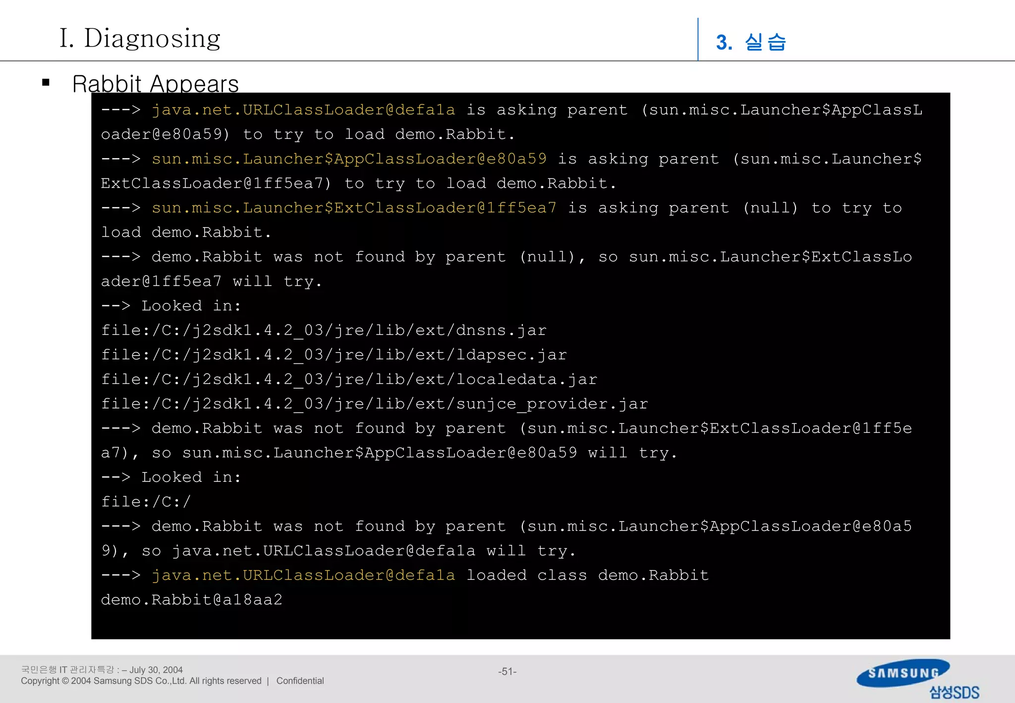 --->  [email_address]  is asking parent (sun.misc.Launcher$AppClassL oader@e80a59) to try to load demo.Rabbit. --->  sun.misc.Launcher$AppClassLoader@e80a59  is asking parent (sun.misc.Launcher$ ExtClassLoader@1ff5ea7) to try to load demo.Rabbit. --->  sun.misc.Launcher$ExtClassLoader@1ff5ea7  is asking parent (null) to try to  load demo.Rabbit. ---> demo.Rabbit was not found by parent (null), so sun.misc.Launcher$ExtClassLo ader@1ff5ea7 will try. --> Looked in: file:/C:/j2sdk1.4.2_03/jre/lib/ext/dnsns.jar file:/C:/j2sdk1.4.2_03/jre/lib/ext/ldapsec.jar file:/C:/j2sdk1.4.2_03/jre/lib/ext/localedata.jar file:/C:/j2sdk1.4.2_03/jre/lib/ext/sunjce_provider.jar ---> demo.Rabbit was not found by parent (sun.misc.Launcher$ExtClassLoader@1ff5e a7), so sun.misc.Launcher$AppClassLoader@e80a59 will try. --> Looked in: file:/C:/ ---> demo.Rabbit was not found by parent (sun.misc.Launcher$AppClassLoader@e80a5 9), so java.net.URLClassLoader@defa1a will try. --->  [email_address]  loaded class demo.Rabbit [email_address] Rabbit Appears 3.  실습 Diagnosing 