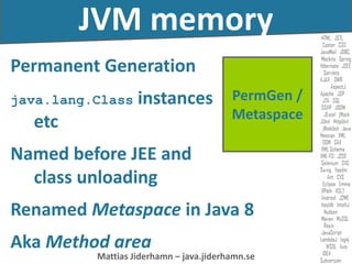 Mattias Jiderhamn – java.jiderhamn.se
JVM memory
Permanent Generation
java.lang.Class instances
etc
Named before JEE and
class unloading
Renamed Metaspace in Java 8
Aka Method area
PermGen /
Metaspace
 