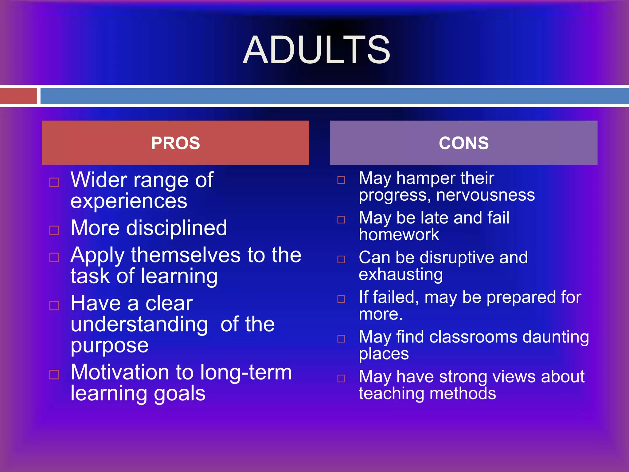 ADULTSWider range of experiencesMore disciplinedApply themselves to the task of learningHave a clear understanding  of the purpose Motivation to long-term learning goalsMay hamper their progress, nervousnessMay be late and fail homeworkCan be disruptive and exhaustingIf failed, may be prepared for more.May find classrooms daunting placesMay have strong views about teaching methodsPROSCONS