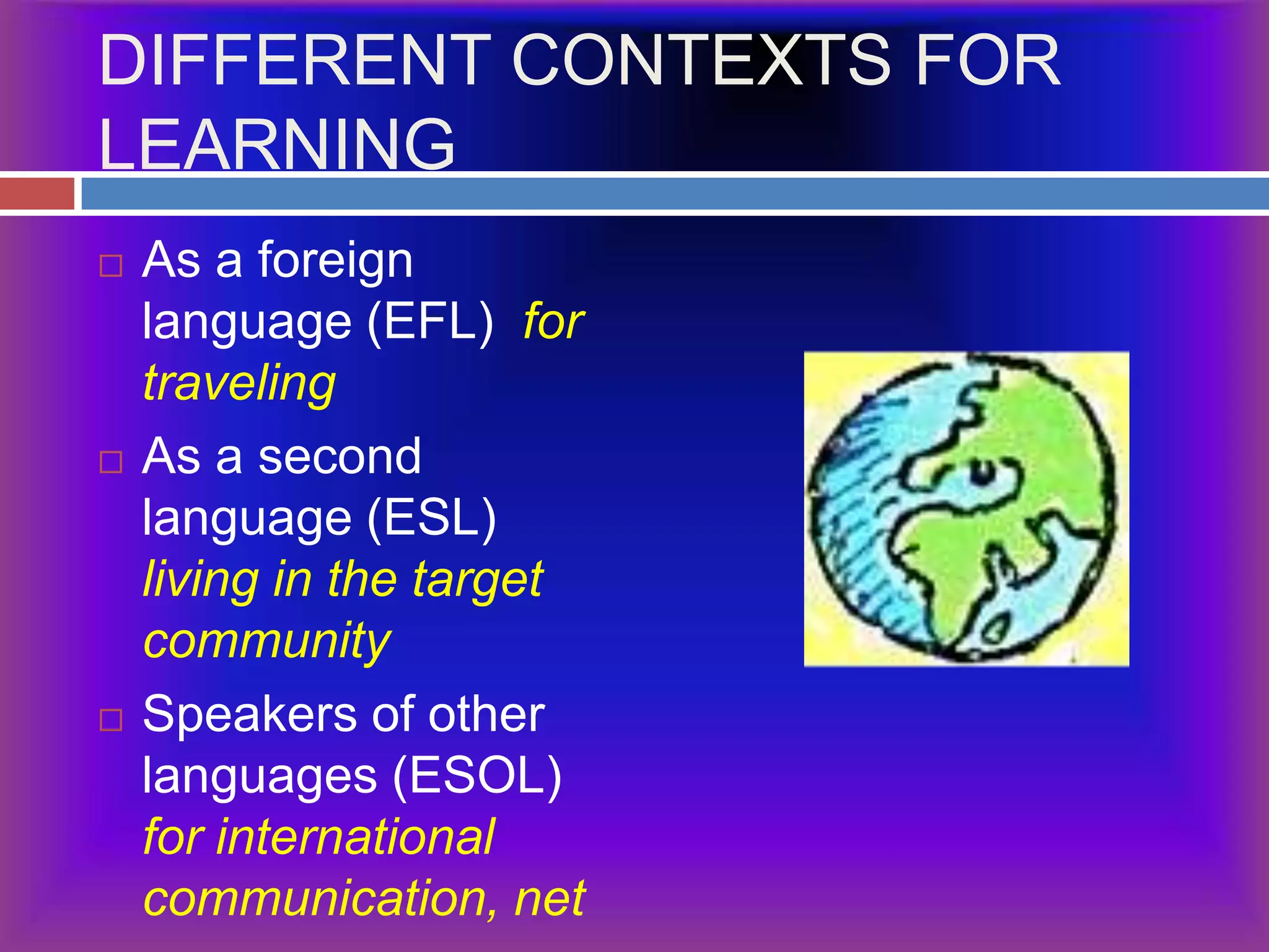 DIFFERENT CONTEXTS FOR LEARNINGAs a foreign language (EFL)  for travelingAs a second language (ESL) living in the target communitySpeakers of other languages (ESOL)  for international communication, net