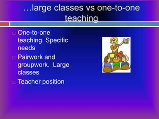 …large classes vs one-to-one teachingOne-to-one teaching. Specific needsPairwork and groupwork.  Large classesTeacher position