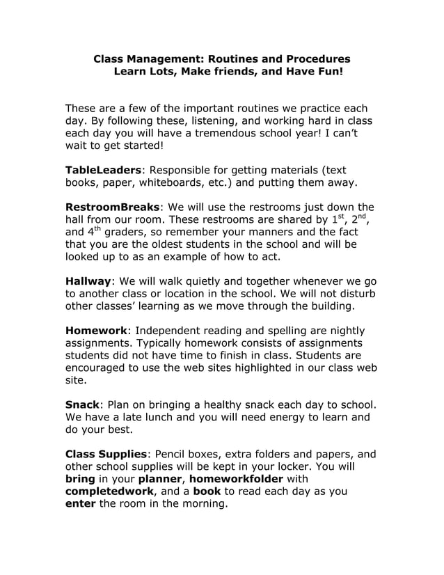 Class Routines and Procedures | DOCX