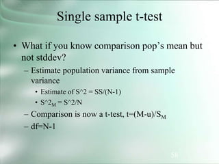 58
Single sample t-test
• What if you know comparison pop’s mean but
not stddev?
– Estimate population variance from sample
variance
• Estimate of S^2 = SS/(N-1)
• S^2M = S^2/N
– Comparison is now a t-test, t=(M-u)/SM
– df=N-1
 