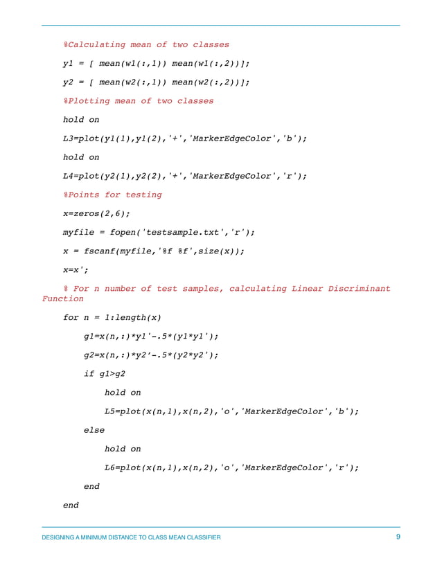 Pattern Recognition - Designing a minimum distance class mean classifier