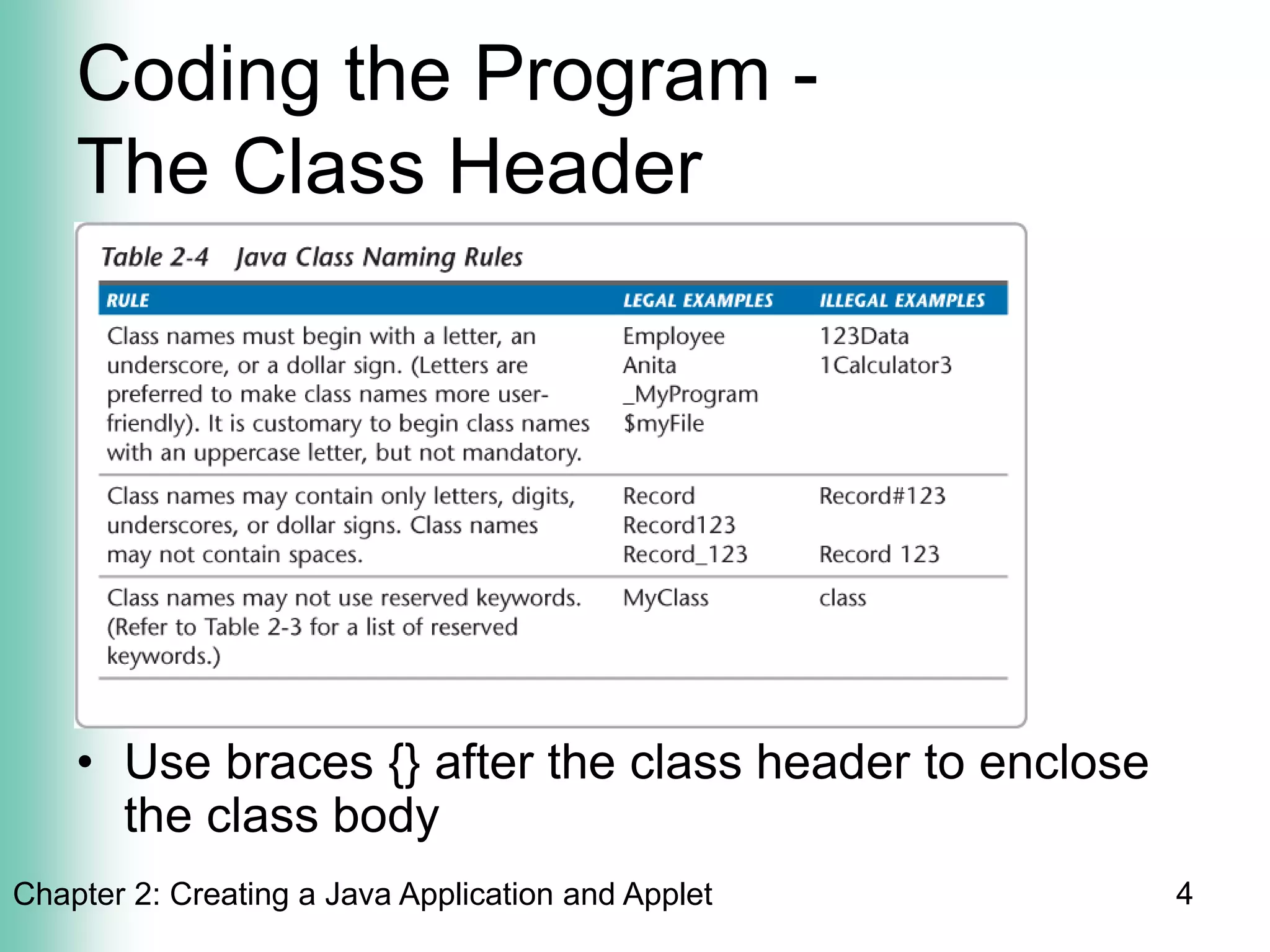 Chapter 2: Creating a Java Application and Applet 4
Coding the Program -
The Class Header
• Use braces {} after the class header to enclose
the class body
 
