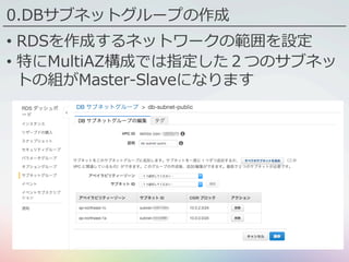 0.DBサブネットグループの作成
•  RDSを作成するネットワークの範囲を設定
•  特にMultiAZ構成では指定した２つのサブネッ
トの組がMaster-Slaveになります
 