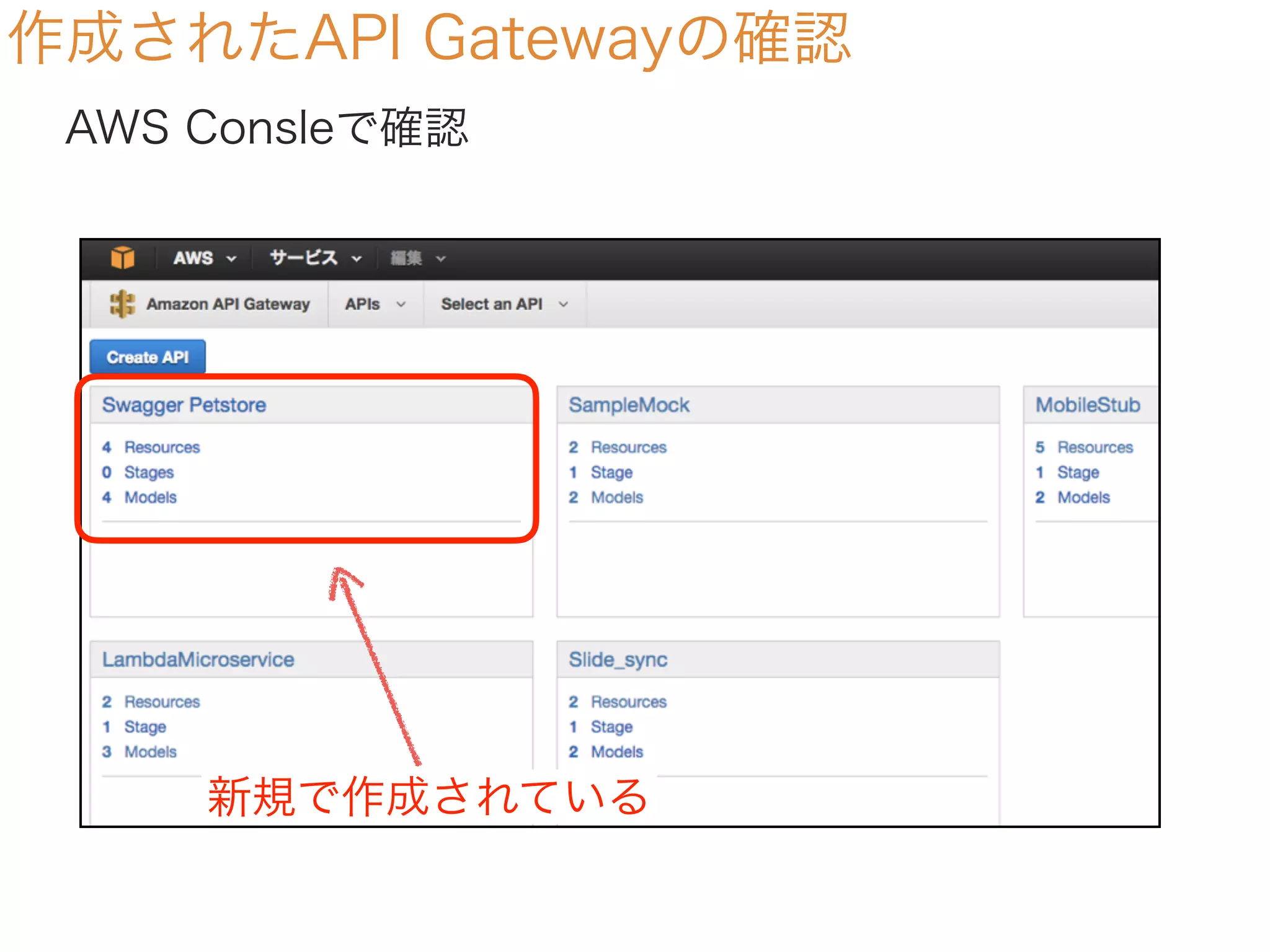 作成されたAPI Gatewayの確認
AWS Consleで確認
新規で作成されている
 