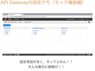 API Gatewayの設定デモ（モック機能編）
設定項目が多く、やってられん！！
そんな貴方に朗報が！！
 