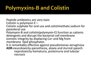 Peptide antibiotics are very toxic
Colistin is polymyxin E –
Colistin sulphate for oral use and colistimethate sodium for
...