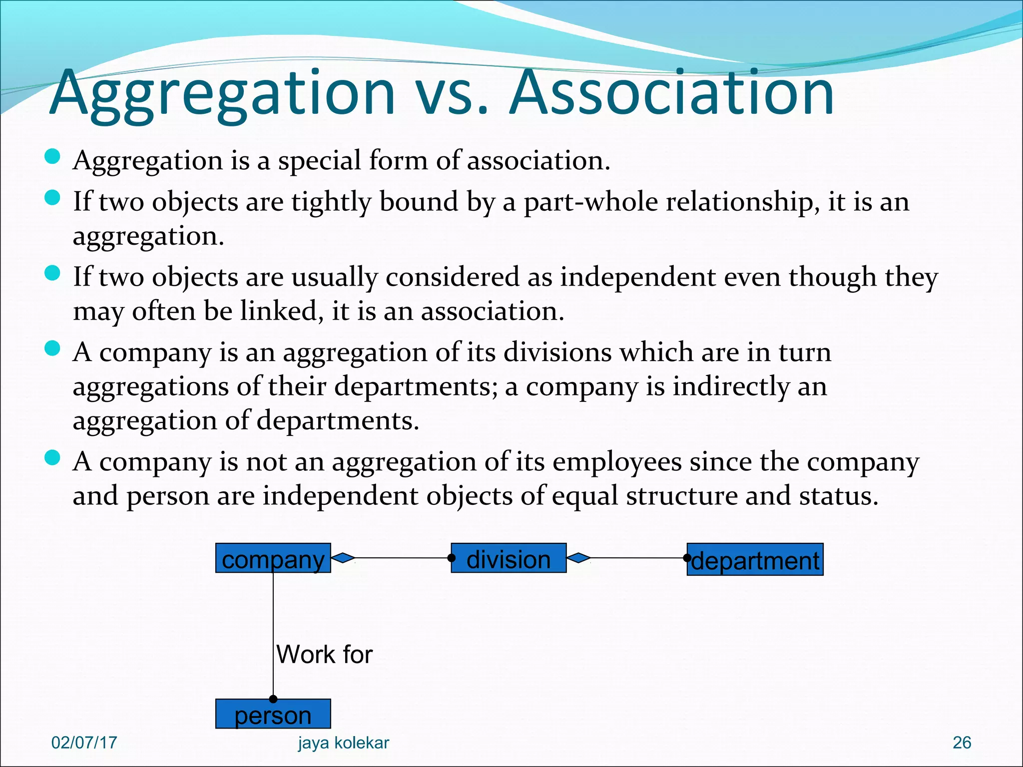 Aggregation vs. Association Aggregation is a special form of association. If two objects are tightly bound by a part-whole relationship, it is an aggregation. If two objects are usually considered as independent even though they may often be linked, it is an association. A company is an aggregation of its divisions which are in turn aggregations of their departments; a company is indirectly an aggregation of departments. A company is not an aggregation of its employees since the company and person are independent objects of equal structure and status. 26 company division department person Work for 02/07/17 jaya kolekar 