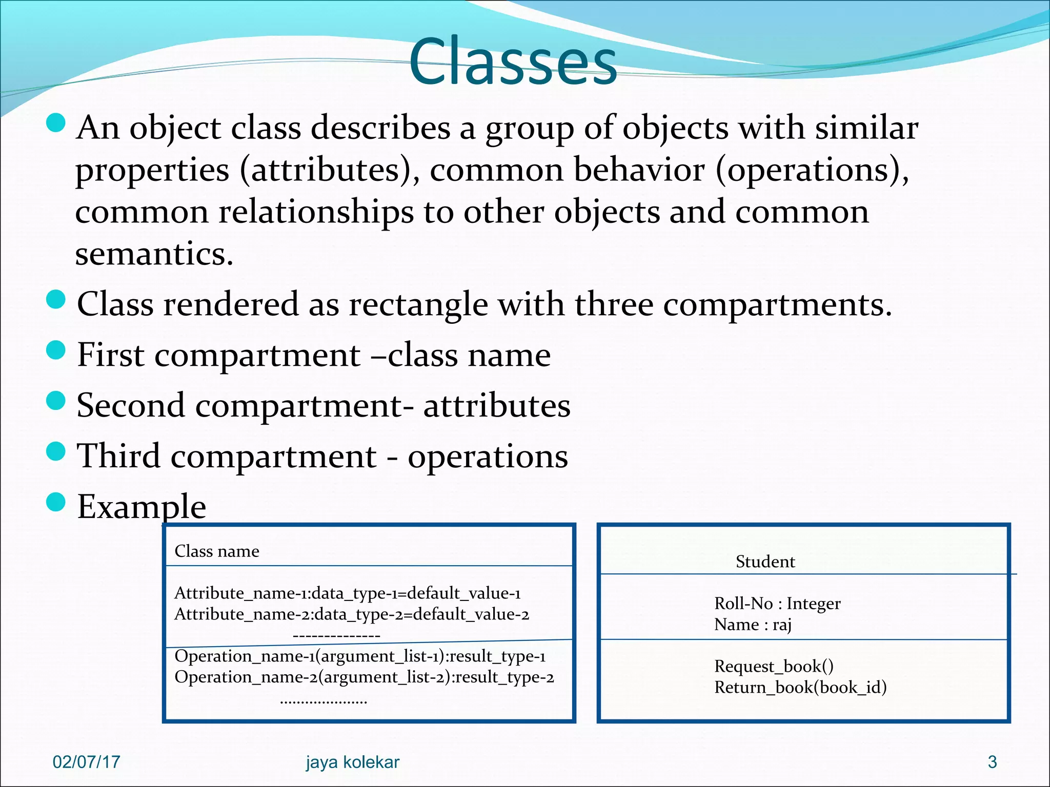 Classes An object class describes a group of objects with similar properties (attributes), common behavior (operations), common relationships to other objects and common semantics. Class rendered as rectangle with three compartments. First compartment –class name Second compartment- attributes Third compartment - operations Example 3 Class name Attribute_name-1:data_type-1=default_value-1 Attribute_name-2:data_type-2=default_value-2 -------------- Operation_name-1(argument_list-1):result_type-1 Operation_name-2(argument_list-2):result_type-2 ………………… Student Roll-No : Integer Name : raj Request_book() Return_book(book_id) 02/07/17 jaya kolekar 
