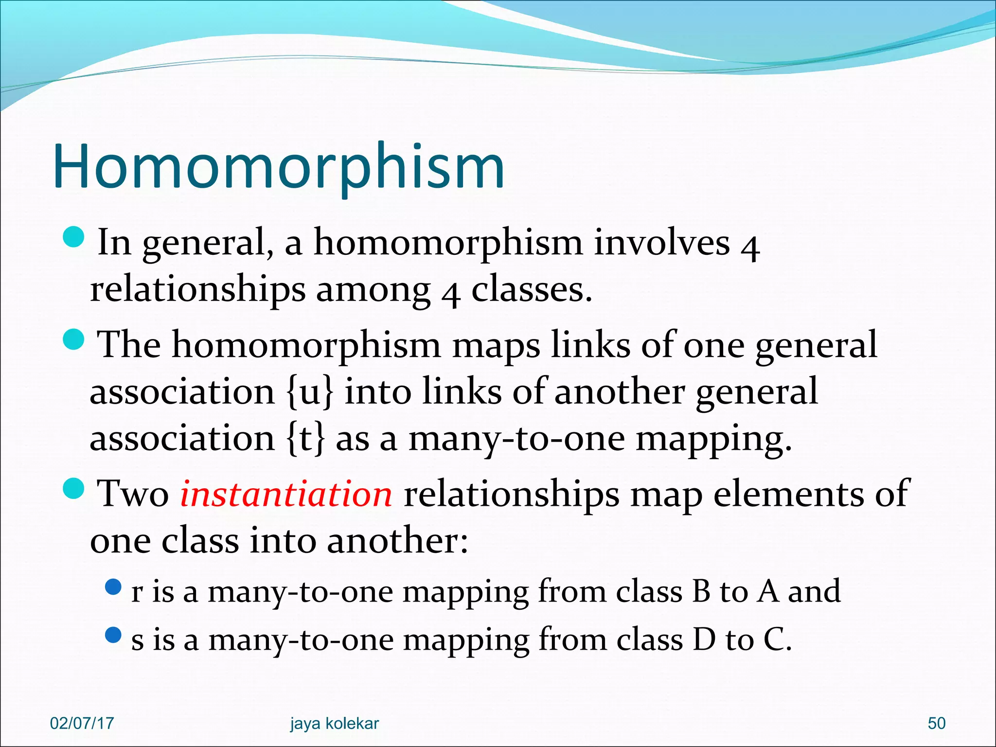 Homomorphism In general, a homomorphism involves 4 relationships among 4 classes. The homomorphism maps links of one general association {u} into links of another general association {t} as a many-to-one mapping. Two instantiation relationships map elements of one class into another: r is a many-to-one mapping from class B to A and s is a many-to-one mapping from class D to C. 5002/07/17 jaya kolekar 