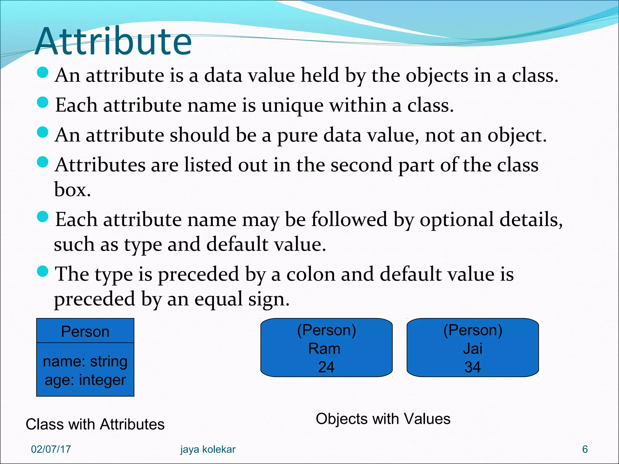 Attribute An attribute is a data value held by the objects in a class. Each attribute name is unique within a class. An attribute should be a pure data value, not an object. Attributes are listed out in the second part of the class box. Each attribute name may be followed by optional details, such as type and default value. The type is preceded by a colon and default value is preceded by an equal sign. Example 6 Person name: string age: integer Class with Attributes (Person) Ram 24 (Person) Jai 34 Objects with Values 02/07/17 jaya kolekar 