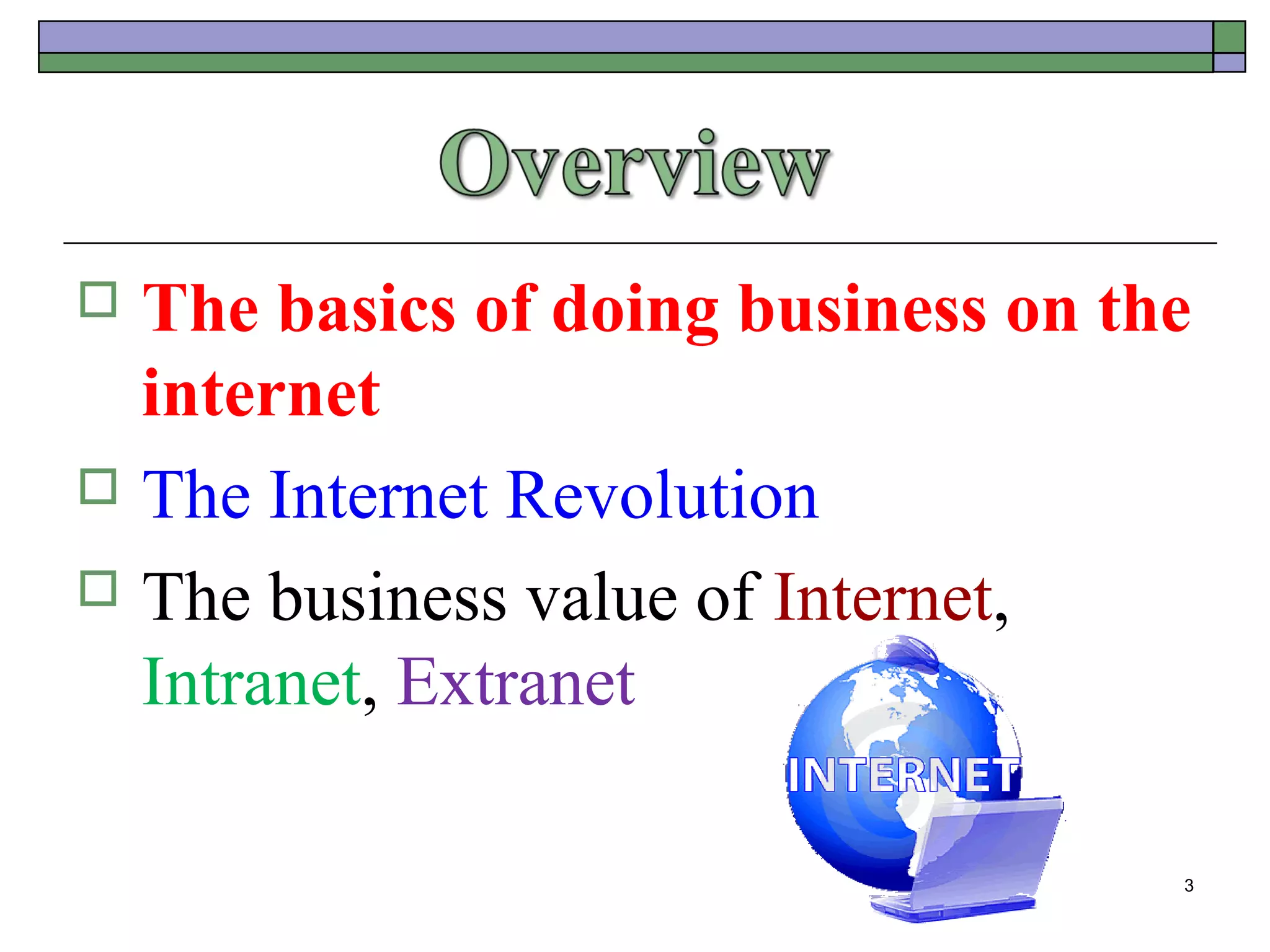  The basics of doing business on the
  internet
 The Internet Revolution

 The business value of Internet,
  Intranet, Extranet

                                    3
 