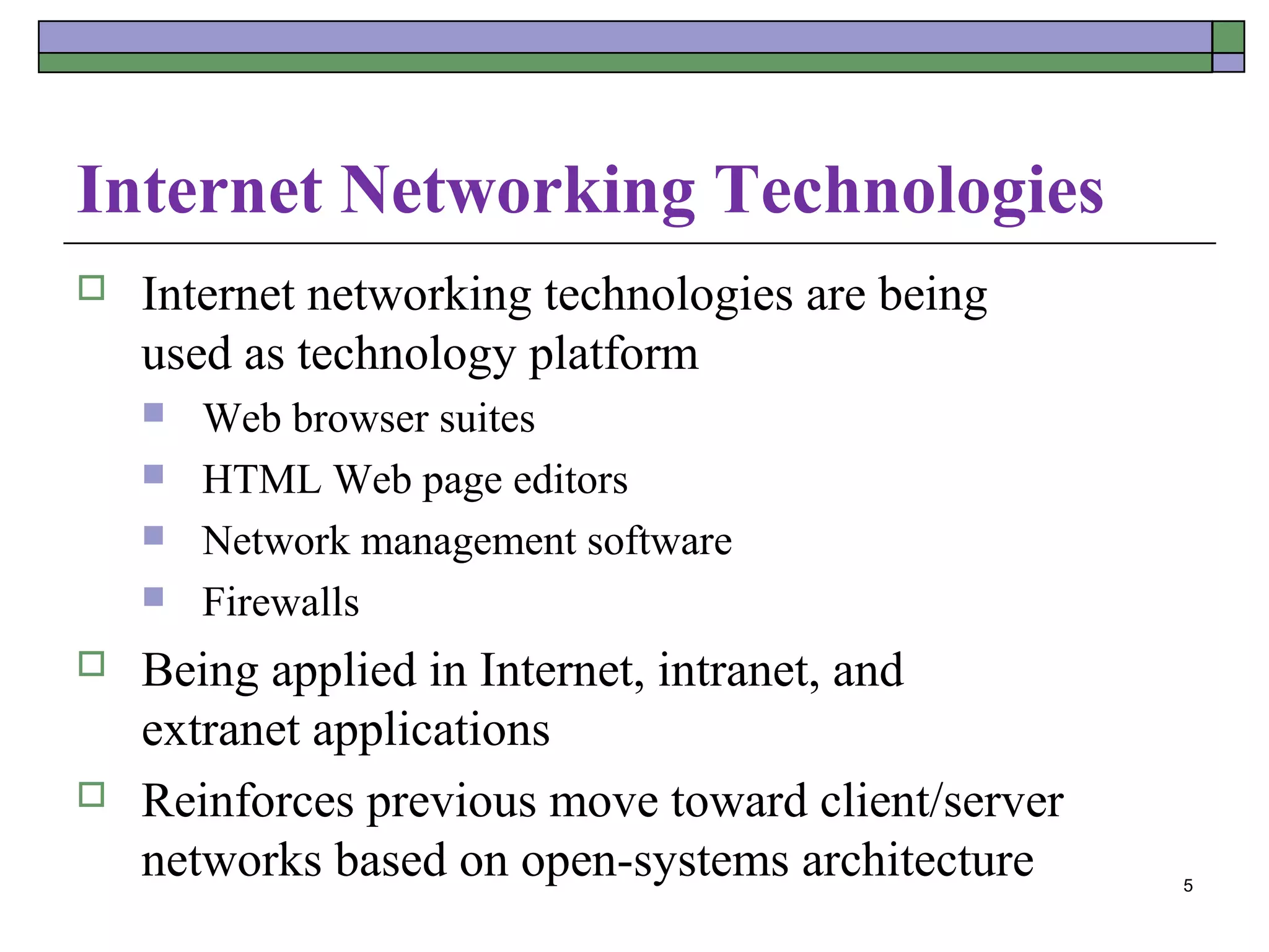 Internet Networking Technologies
   Internet networking technologies are being
    used as technology platform
       Web browser suites
       HTML Web page editors
       Network management software
       Firewalls
   Being applied in Internet, intranet, and
    extranet applications
   Reinforces previous move toward client/server
    networks based on open-systems architecture     5
 