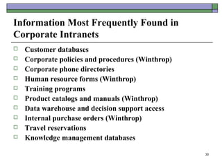 Information Most Frequently Found in
Corporate Intranets
   Customer databases
   Corporate policies and procedures (Winthrop)
   Corporate phone directories
   Human resource forms (Winthrop)
   Training programs
   Product catalogs and manuals (Winthrop)
   Data warehouse and decision support access
   Internal purchase orders (Winthrop)
   Travel reservations
   Knowledge management databases

                                                   30
 