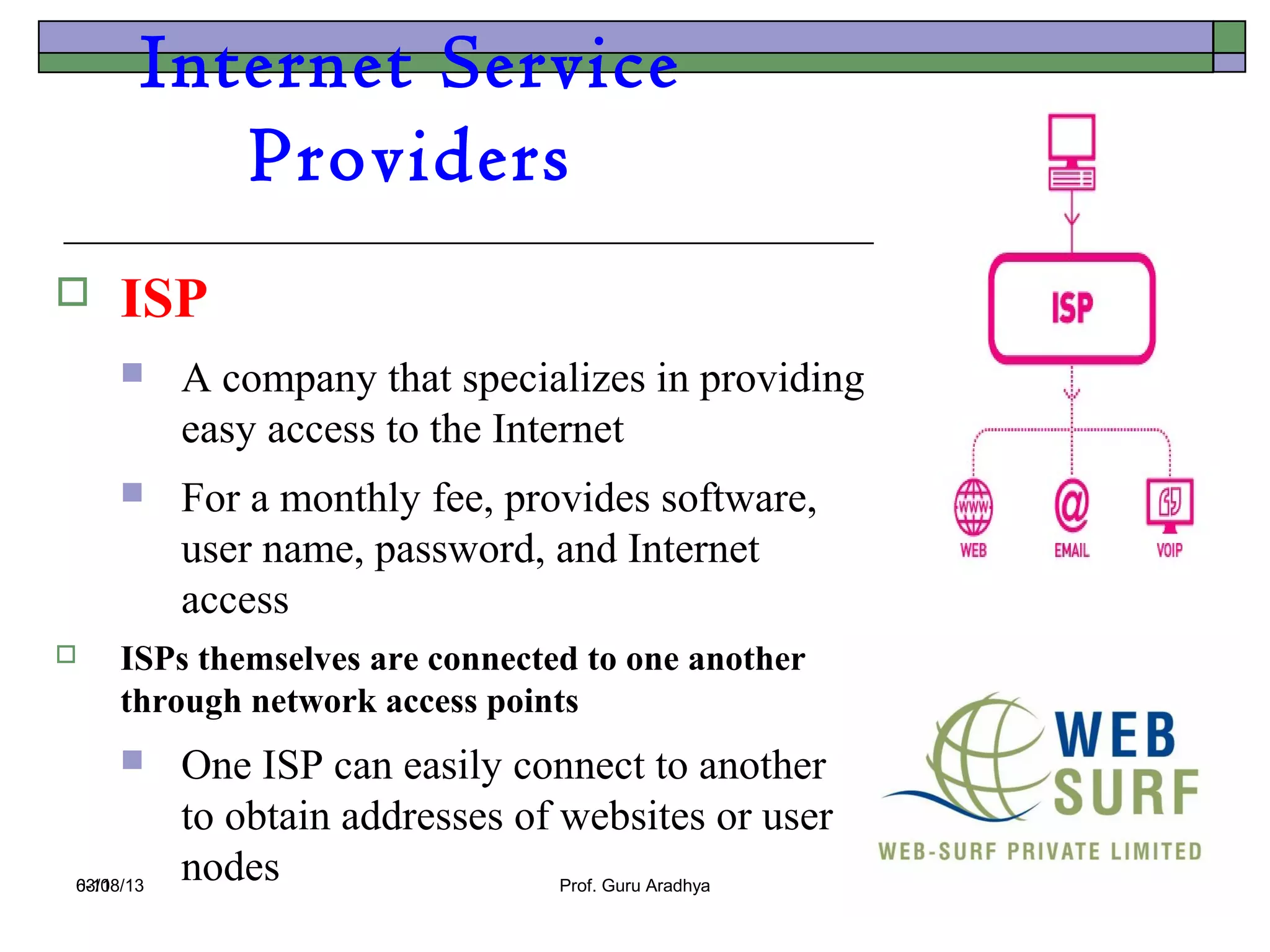 Internet Service
          Providers
    ISP
          A company that specializes in providing
           easy access to the Internet
          For a monthly fee, provides software,
           user name, password, and Internet
           access
    ISPs themselves are connected to one another
     through network access points
          One ISP can easily connect to another
           to obtain addresses of websites or user
03/08/13
6-11
           nodes                  Prof. Guru Aradhya
 