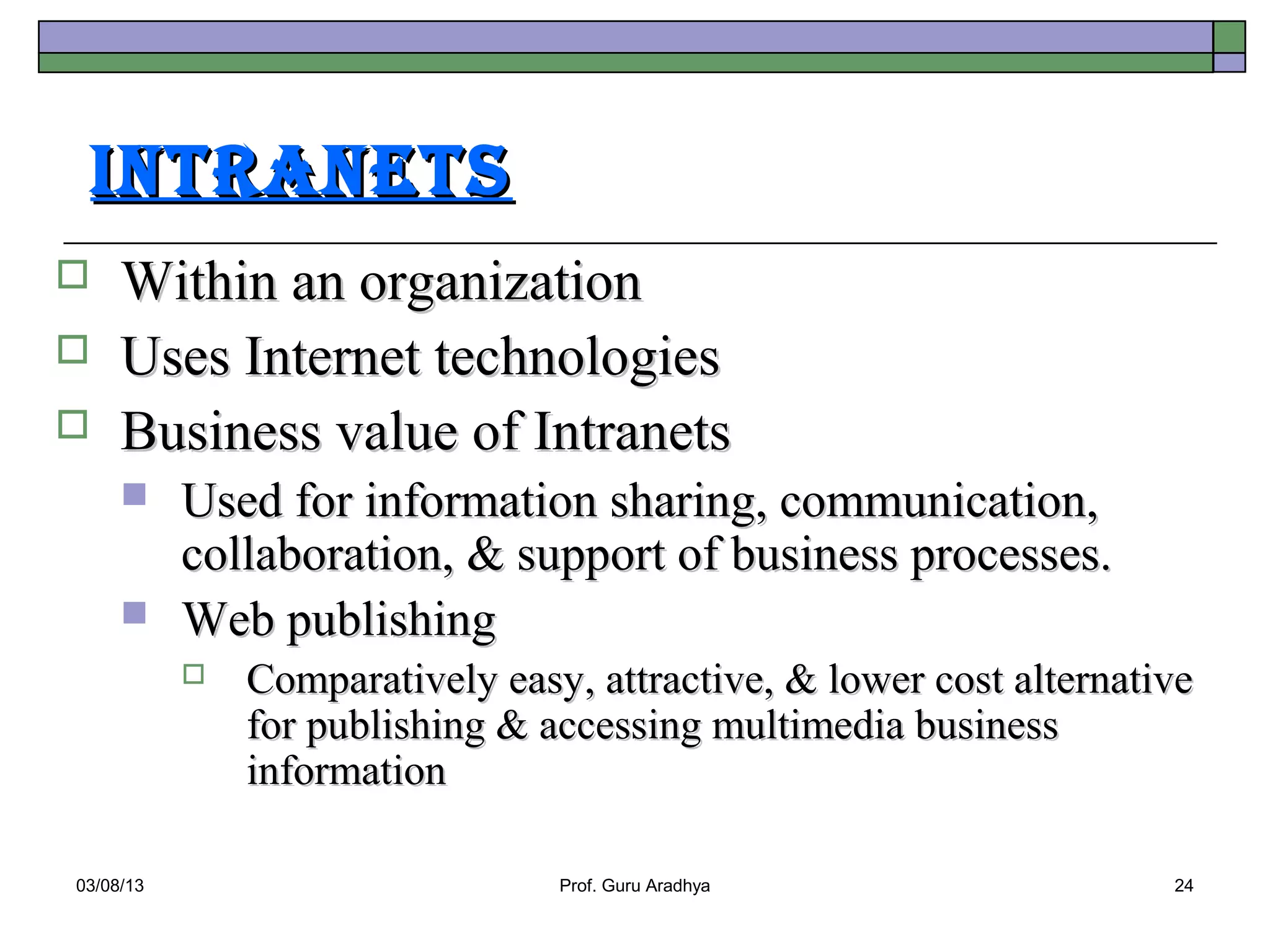 IntrAnets
    Within an organization
    Uses Internet technologies
    Business value of Intranets
          Used for information sharing, communication,
           collaboration, & support of business processes.
          Web publishing
              Comparatively easy, attractive, & lower cost alternative
               for publishing & accessing multimedia business
               information

03/08/13                         Prof. Guru Aradhya                  24
 