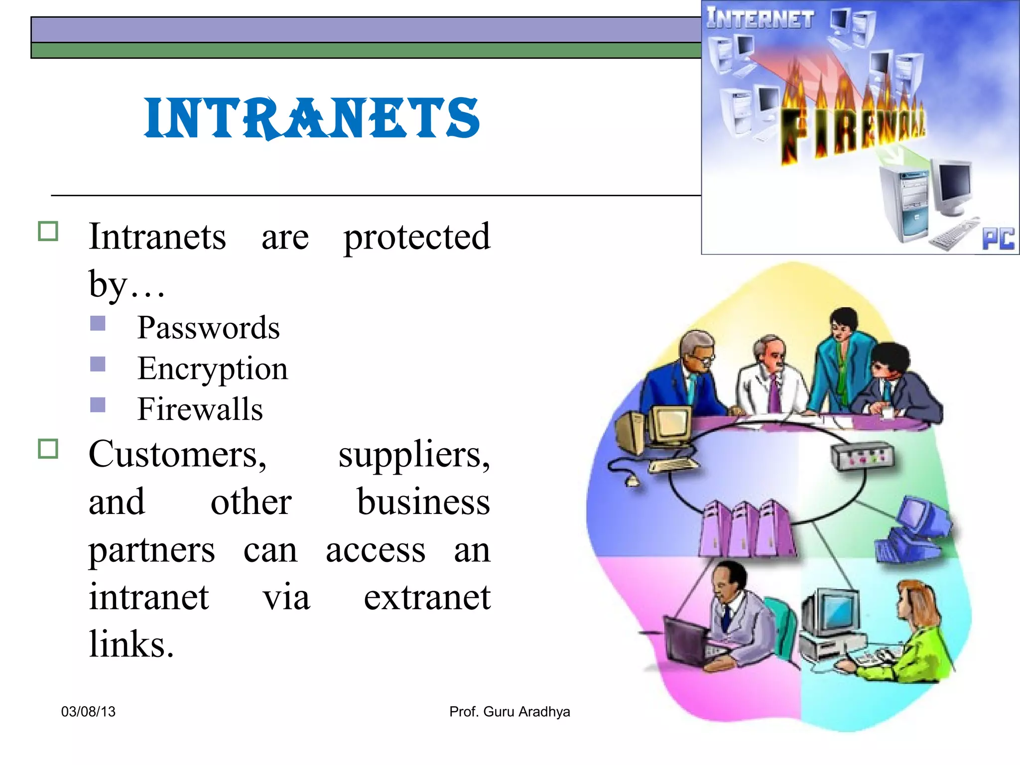 Intranets
      Intranets are protected
       by…
              Passwords
              Encryption
              Firewalls
      Customers,    suppliers,
       and     other  business
       partners can access an
       intranet via extranet
       links.
    03/08/13                Prof. Guru Aradhya   27
 