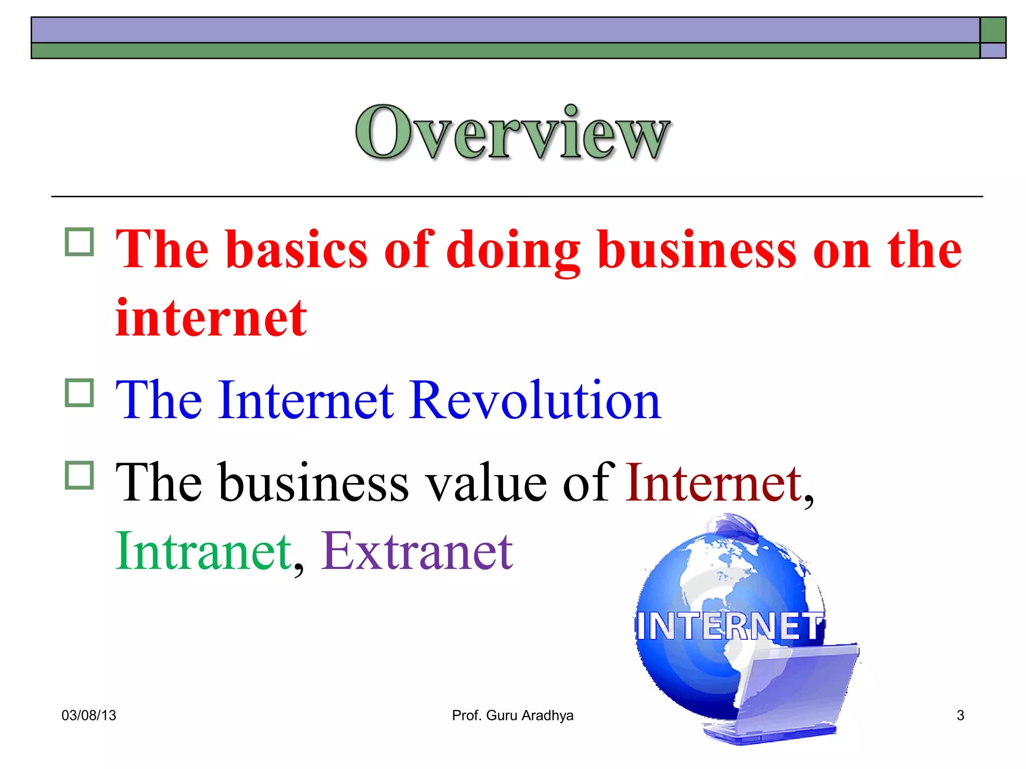  The basics of doing business on the
  internet
 The Internet Revolution

 The business value of Internet,
  Intranet, Extranet

03/08/13        Prof. Guru Aradhya   3
 