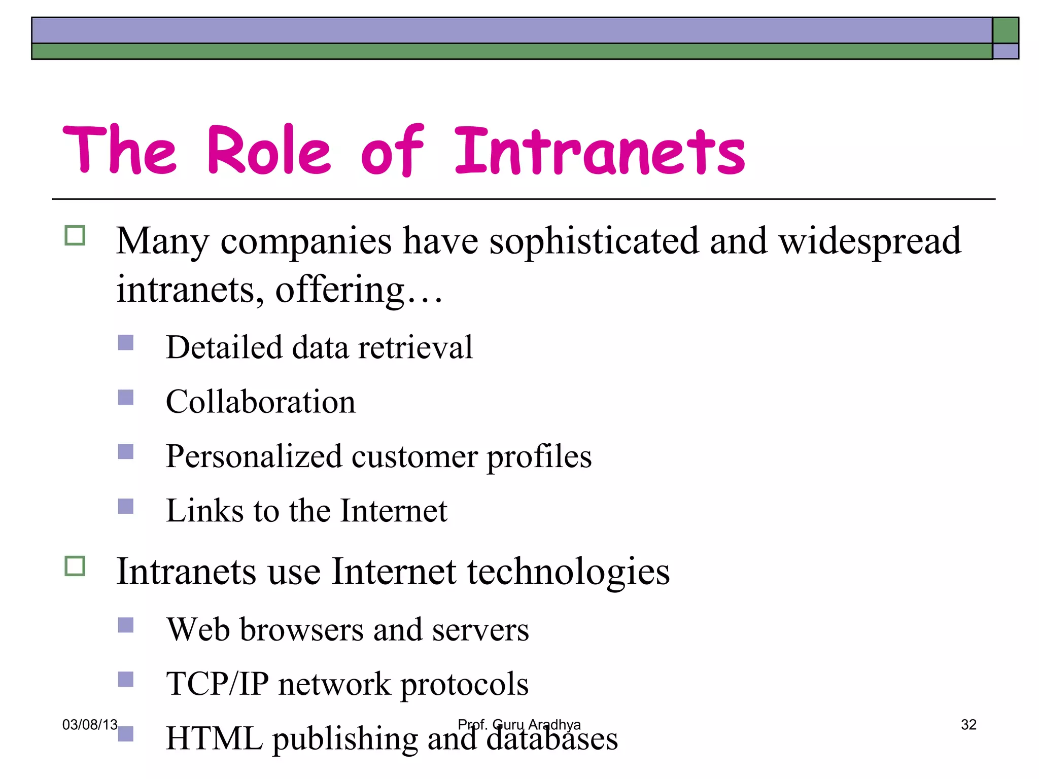 The Role of Intranets
      Many companies have sophisticated and widespread
       intranets, offering…
          Detailed data retrieval
          Collaboration
          Personalized customer profiles
          Links to the Internet
      Intranets use Internet technologies
          Web browsers and servers
          TCP/IP network protocols
03/08/13                           Prof. Guru Aradhya   32
          HTML publishing and databases
 