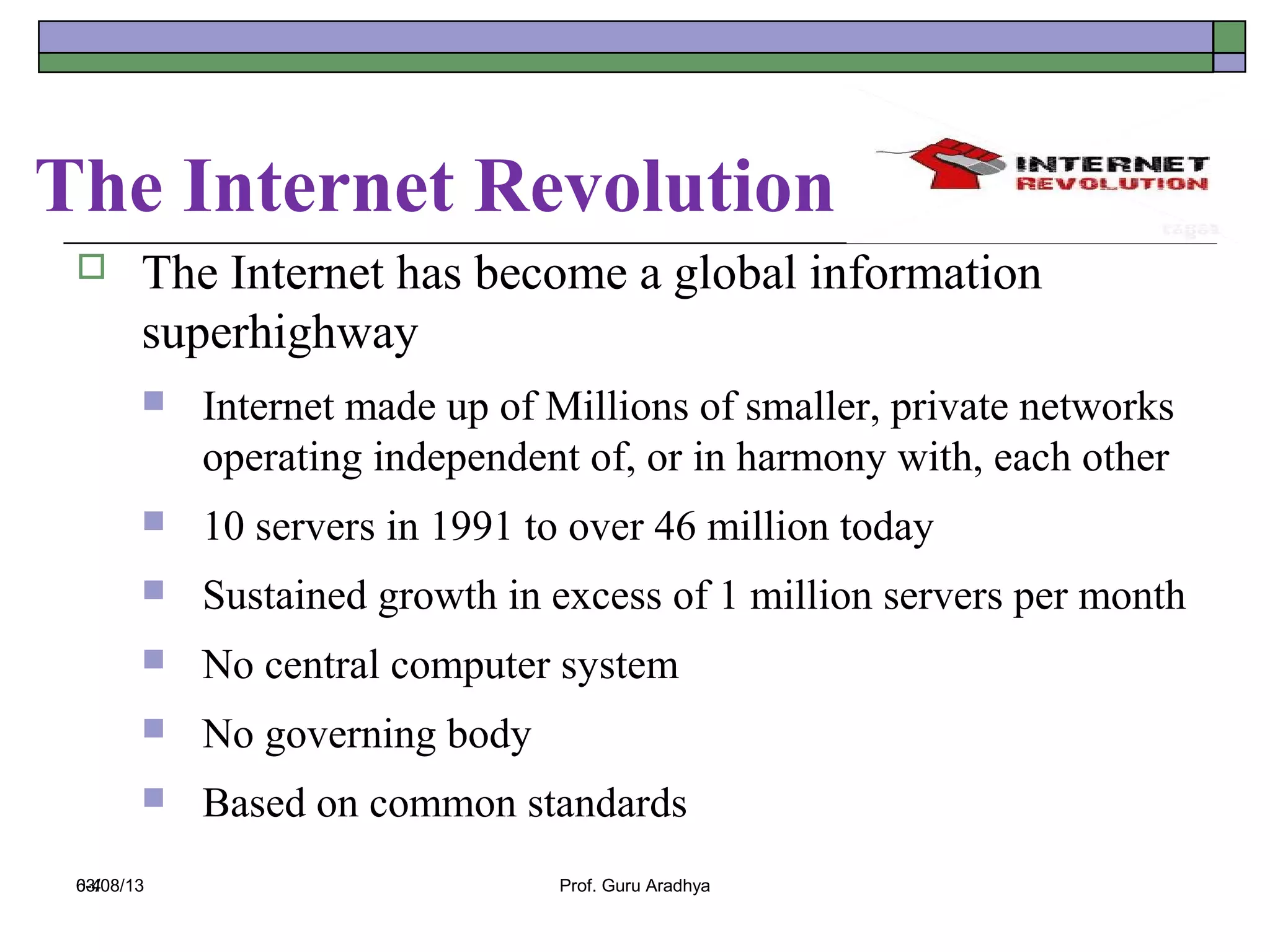 The Internet Revolution
       The Internet has become a global information
        superhighway
           Internet made up of Millions of smaller, private networks
            operating independent of, or in harmony with, each other
           10 servers in 1991 to over 46 million today
           Sustained growth in excess of 1 million servers per month
           No central computer system
           No governing body
           Based on common standards
 03/08/13
 6-4                            Prof. Guru Aradhya
 