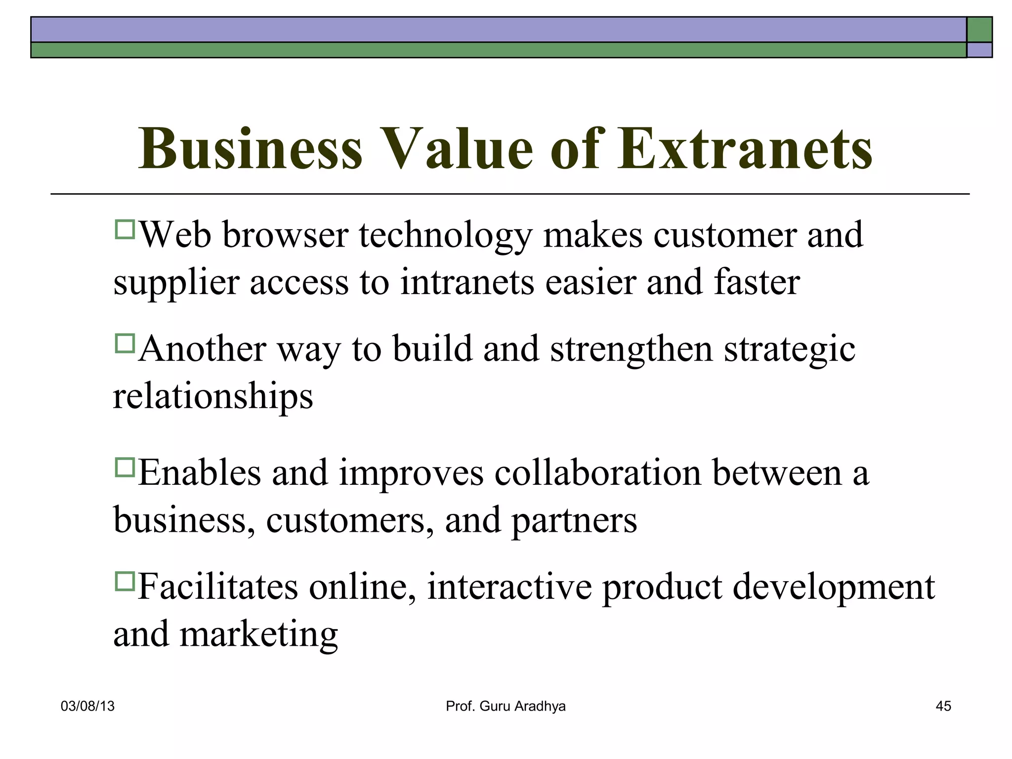 Business Value of Extranets
       Web   browser technology makes customer and
       supplier access to intranets easier and faster
       Another   way to build and strengthen strategic
       relationships
       Enables  and improves collaboration between a
       business, customers, and partners
       Facilitates
                  online, interactive product development
       and marketing
03/08/13                    Prof. Guru Aradhya              45
 