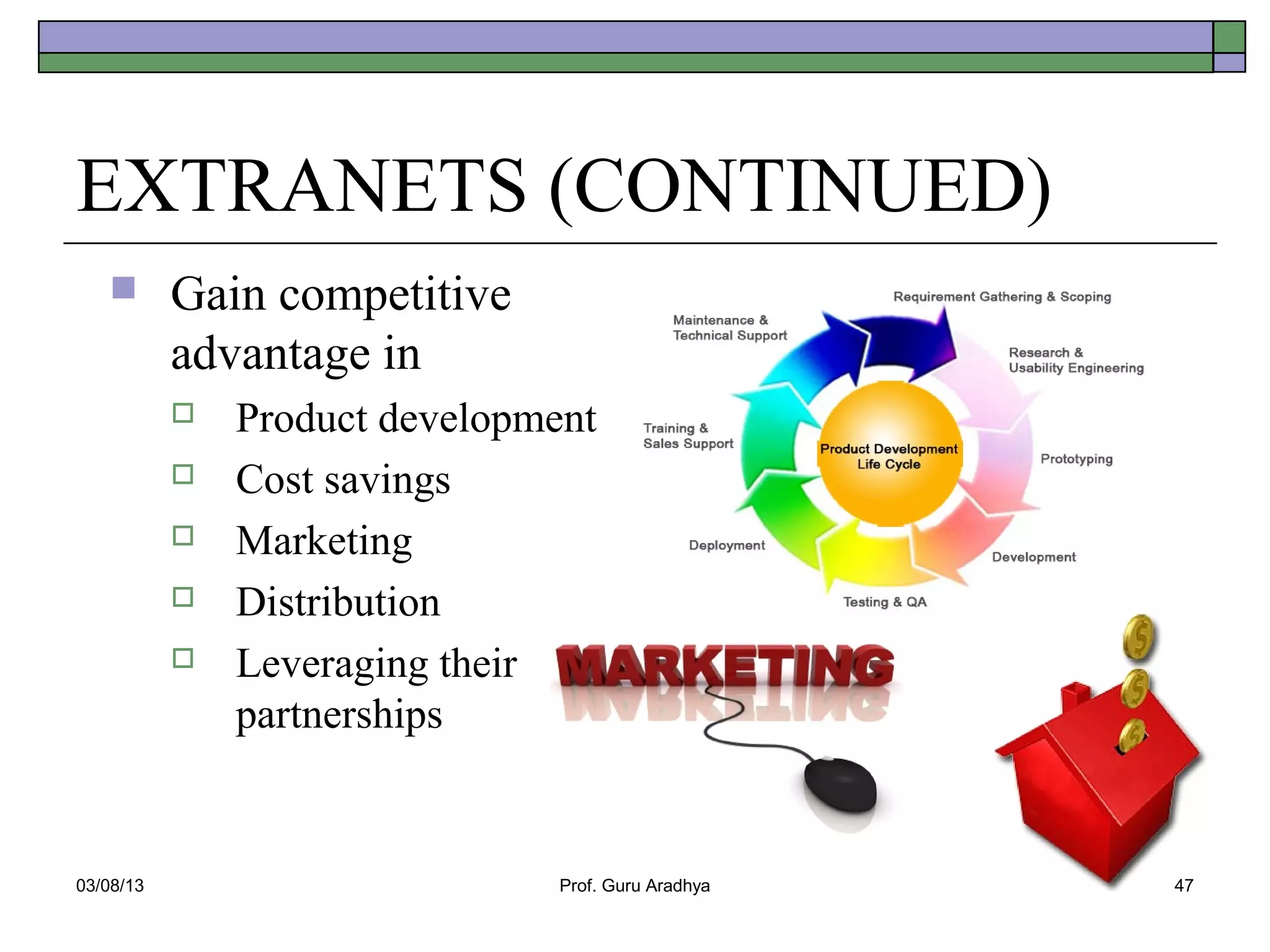 EXTRANETS (CONTINUED)
          Gain competitive
           advantage in
              Product development
              Cost savings
              Marketing
              Distribution
              Leveraging their
               partnerships


03/08/13                        Prof. Guru Aradhya   47
 