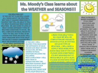 OUR WEATHER UNIT
  In this unit my class will learn
  all things about the weather.                                                           What is Project-
 Why does it change? When does it                                                        Based Learning??
change? They will be able to tell                                                             It is a very
you what season has what kind of                                                           innovative and
weather. We are going to look at                                                             exciting new
 what causes different types of                                                             technique for
 weather conditions to occur. We                                                        students. They are
 will complete several projects                                                          able to actually
   that you will get to see, so be                                                        have a hands on
 looking for those because I will                         I Need YOUR Help Too!!!      experience and are
  send them home with your child!                           As I said we will be          able to engage
 The project-based learning will                         completing me projects          themselves in the
 help the students actually get unit, I will                                            work rather than
                               In this                  such as little activities       just follow along
   to see what happens with helping your child know
                               the                            on each type of
 weather. We will have a test at                                                            with a book. It
                               the difference of each     weather. I will send a      strays the students
     the end of the unit but the
                               season and what occurs
students should be very prepared one. We will             supply need home with          away from just a
                               in each                                                   curriculum based
           for it by then!!!   answer several
                                                        each child and if you can
                                                        please send something!!                learning
                            questions including the                                     environment. PBL is
                            following:                   It’s not requIred but It        a great way for
                            What is weather?- I will    would help A LOT!!! Also,   If youteachers and
                                                                                             have any
                            help them to                please review with your     further questions to
                                                                                         students both
                            understand why the           child at home. I will be   feeluse. It helps the
                                                                                           free to email me
                            weather changes. What                                   at:teachers to involve
                            takes place in each
                                                        sending everything home     bsmoody1@crimson.ua
                                                         with them as usual and        themselves as well
                            season? How many                                        .edu or you can call
                                                                                       and keeps them just
                            seasons are there? How      you can help them too!!!    me anytime after
                            do we know when each                                    school interested as
                                                                                         as hours at
                                                                                            the students.
                                                                                    (256)738-3888
 