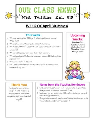 Our Class News
                    Mrs. Teitsma Rm. 313
                         WEEK OF April 30-May 4

                         This week...                                                Upcoming
o We have been in school 158 Days! 22 school days left until summer!
  WOO HOO!                                                                            Snacks:
                                                                                       Monday-Zack
o We practiced for our Kindergarten Music Performance.                                Tuesday-Lillianna
o We made our Mother’s Day craft! Mom’s, you will have to wait for the                Wednesday-Daniel
  surprise!                                                                          Thursday-Bryson
o We started to pick our own books during Daily 5 centers.                             Friday-Joseph
o We said goodbye to Ms. East, the art student teacher.  She brought us
  popsicles! Yum!
o Devin was our star of the week.
o Ms. Carter came and talked about what we should do when we have
  accidents of any sort.




     Thank You                              Notes from the Teacher/Reminders
  Thank you for everyone who            o Kindergarten Music Concert next Thursday 5/10 at 7pm. Please
  brought in cans. Please keep            have your child in the music room at 6:45 pm.
  bringing them in because the          o Make sure you are having your child retell the books that we send
competition ends near the end of          home during guided reading.
                                        o If anyone has any small toys/stickers/erasers/pencils to put in the
            May! 
                                          treasure box I would greatly appreciate it!
 