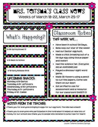 Mrs. Teitsma’s Class News
             Weeks of March 18-22, March 25-17




                                                  This week we…
                                                     Have been in school 134 Days.
                                                     Bella was our star of the week!
3/28-Spring Break! 
                                                     Had our Easter egg hunt.
                                                     Made a chick breaking out of a
                                                     tie dye egg using tissue paper
4/9-Back to School                                   and water!
                                                     Had the science fair. Everyone
                                                     did an AWESOME job!
 4/19-Early Release @1:15                            Played a dinosaur sight word
                                                     game.
                                                     Made 3D flowers using a pencil
Upcoming Snacks:                                     to curl the papers. Come see
Monday 4/8-Darius
                                                     them on our door!
Tuesday 4/9- Leftovers
Wednesday 4/10-Leftovers                             Got an iPad to use for
Thursday 4/11- Leftovers                             assessment and a resource
Friday 4/12- Cailee                                  for our classroom! SWEET! 




 Notes from the Teacher:
>Thank you for everyone bringing in eggs for our egg hunt. The kids had a blast!

>Thank you to everyone who participated in the fundraiser! It helped us raise lots of
money for our school! Also thank you to people who donated to jump rope for heart!



                                                              Lauren Teitsma-Vandora Springs
                                                                       Kindergarten
 