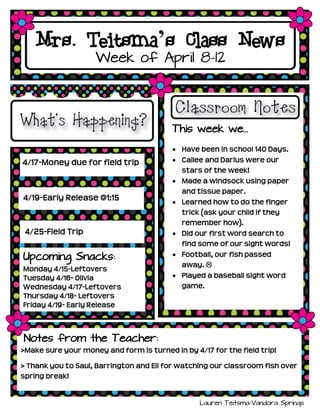 Mrs. Teitsma’s Class News
                    Week of April 8-12




                                          This week we…

                                           Have been in school 140 Days.
4/17-Money due for field trip              Cailee and Darius were our
                                            stars of the week!
                                           Made a windsock using paper
                                            and tissue paper.
4/19-Early Release @1:15                   Learned how to do the finger
                                            trick (ask your child if they
                                            remember how).
 4/25-Field Trip                           Did our first word search to
                                            find some of our sight words!
Upcoming Snacks:                           Football, our fish passed
                                            away. 
Monday 4/15-Leftovers
Tuesday 4/16- Olivia                       Played a baseball sight word
Wednesday 4/17-Leftovers                    game.
Thursday 4/18- Leftovers
Friday 4/19- Early Release



Notes from the Teacher:
>Make sure your money and form is turned in by 4/17 for the field trip!

> Thank you to Saul, Barrington and Eli for watching our classroom fish over
spring break!


                                                 Lauren Teitsma-Vandora Springs
 
