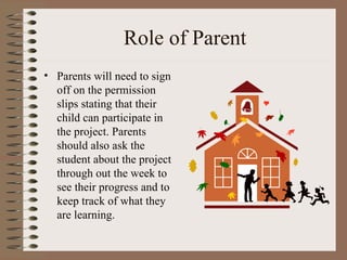 Role of Parent Parents will need to sign off on the permission slips stating that their child can participate in the project. Parents should also ask the student about the project through out the week to see their progress and to keep track of what they are learning. 