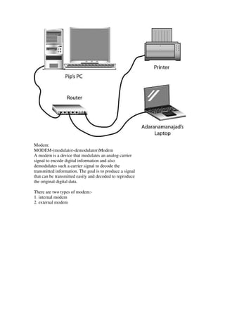Modem:
MODEM-(modulator-demodulator)Modem
A modem is a device that modulates an analog carrier
signal to encode digital information and also
demodulates such a carrier signal to decode the
transmitted information. The goal is to produce a signal
that can be transmitted easily and decoded to reproduce
the original digital data.
There are two types of modem:-
1. internal modem
2. external modem
 