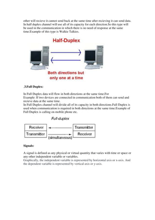 other will recieve it cannot send back at the same time after recieving it can send data.
In half duplex channel will use all of its capacity for each direction.So this type will
be used in the communication in which there is no need of response at the same
time.Example of this type is Walkie Talkies.
.3.Full Duplex:
In Full Duplex data will flow in both directions at the same time.For
Example: If two devices are connected in communication both of them can send and
recieve data at the same time.
In Full Duplex channel will divide all of its capacity in both directions.Full Duplex is
used when communication is required in both directions at the same time.Example of
Full Duplex is calling on mobile phone etc.
Signals:
A signal is defined as any physical or virtual quantity that varies with time or space or
any other independent variable or variables.
Graphically, the independent variable is represented by horizontal axis or x-axis. And
the dependent variable is represented by vertical axis or y-axis.
 