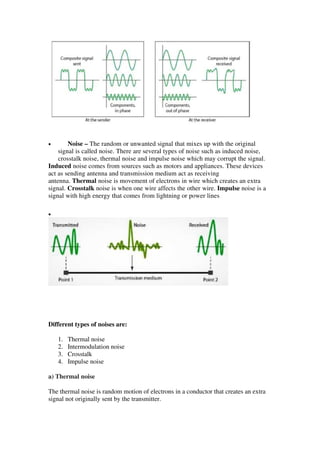 • Noise – The random or unwanted signal that mixes up with the original
signal is called noise. There are several types of noise such as induced noise,
crosstalk noise, thermal noise and impulse noise which may corrupt the signal.
Induced noise comes from sources such as motors and appliances. These devices
act as sending antenna and transmission medium act as receiving
antenna. Thermal noise is movement of electrons in wire which creates an extra
signal. Crosstalk noise is when one wire affects the other wire. Impulse noise is a
signal with high energy that comes from lightning or power lines
•
Different types of noises are:
1. Thermal noise
2. Intermodulation noise
3. Crosstalk
4. Impulse noise
a) Thermal noise
The thermal noise is random motion of electrons in a conductor that creates an extra
signal not originally sent by the transmitter.
 