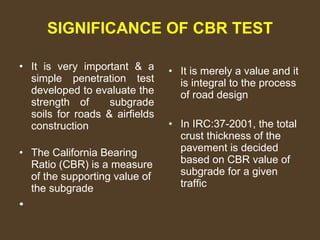 SIGNIFICANCE OF CBR TEST ,[object Object],[object Object],[object Object],[object Object]