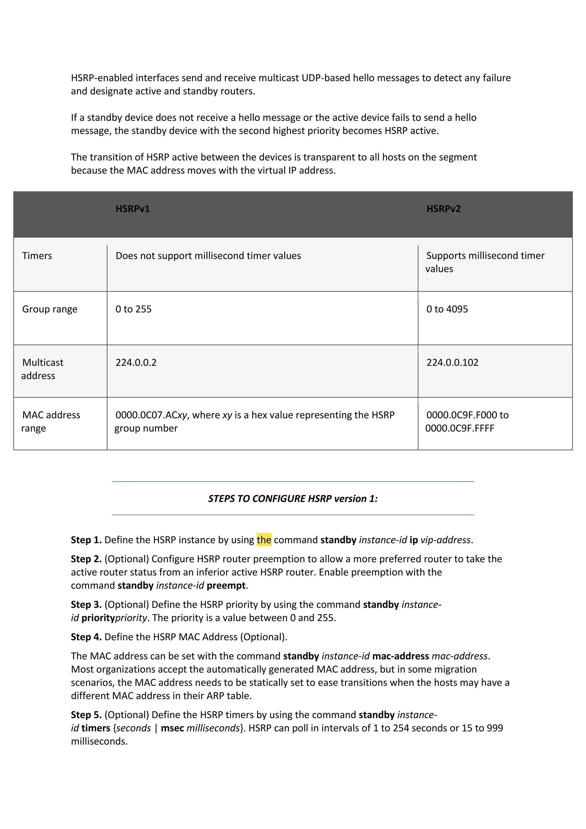 HSRP-enabled interfaces send and receive multicast UDP-based hello messages to detect any failure
and designate active and standby routers.
If a standby device does not receive a hello message or the active device fails to send a hello
message, the standby device with the second highest priority becomes HSRP active.
The transition of HSRP active between the devices is transparent to all hosts on the segment
because the MAC address moves with the virtual IP address.
STEPS TO CONFIGURE HSRP version 1:
Step 1. Define the HSRP instance by using the command standby instance-id ip vip-address.
Step 2. (Optional) Configure HSRP router preemption to allow a more preferred router to take the
active router status from an inferior active HSRP router. Enable preemption with the
command standby instance-id preempt.
Step 3. (Optional) Define the HSRP priority by using the command standby instance-
id prioritypriority. The priority is a value between 0 and 255.
Step 4. Define the HSRP MAC Address (Optional).
The MAC address can be set with the command standby instance-id mac-address mac-address.
Most organizations accept the automatically generated MAC address, but in some migration
scenarios, the MAC address needs to be statically set to ease transitions when the hosts may have a
different MAC address in their ARP table.
Step 5. (Optional) Define the HSRP timers by using the command standby instance-
id timers {seconds | msec milliseconds}. HSRP can poll in intervals of 1 to 254 seconds or 15 to 999
milliseconds.
HSRPv1 HSRPv2
Timers Does not support millisecond timer values Supports millisecond timer
values
Group range 0 to 255 0 to 4095
Multicast
address
224.0.0.2 224.0.0.102
MAC address
range
0000.0C07.ACxy, where xy is a hex value representing the HSRP
group number
0000.0C9F.F000 to
0000.0C9F.FFFF
 