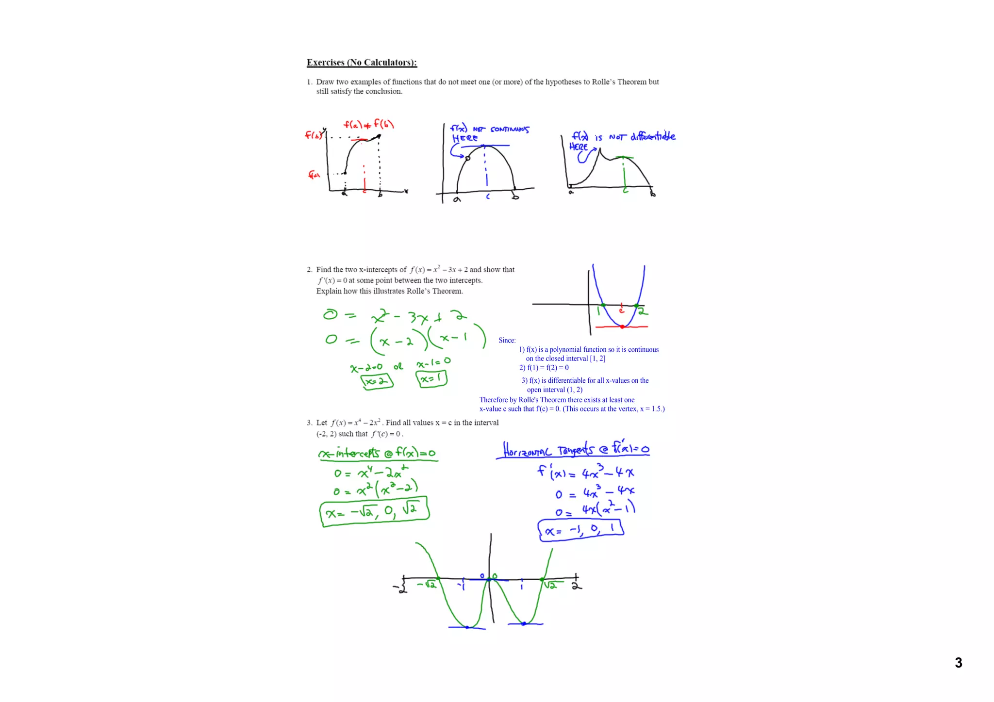 Since:
                1) f(x) is a polynomial function so it is continuous
                    on the closed interval [1, 2]
                2) f(1) = f(2) = 0
              3) f(x) is differentiable for all x­values on the
                 open interval (1, 2)
Therefore by Rolle&#x27;s Theorem there exists at least one
x­value c such that f&#x27;(c) = 0. (This occurs at the vertex, x = 1.5.)




                                                                       3
 