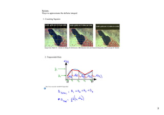 Review:
Ways to approximate the definite integral:

 1. Counting Squares




   Images from: Math 122 ­ Calculus for Biology II, Fall Semester, 2004, Riemann Sums and Numerical Integration, SDSU & Joseph M. Mahaffy
    




   2. Trapezoidal Rule




    http://www.csun.edu/~hcmth018/Trapez.html




                                                                                                                                            7
 