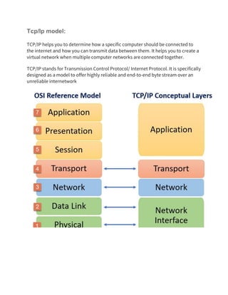 Tcp/Ip model:
TCP/IP helps you to determine how a specific computer should be connected to
the internet and how you can transmit data between them. It helps you to create a
virtual network when multiple computer networks are connected together.
TCP/IP stands for Transmission Control Protocol/ Internet Protocol. It is specifically
designed as a model to offer highly reliable and end-to-end byte stream over an
unreliable internetwork
 